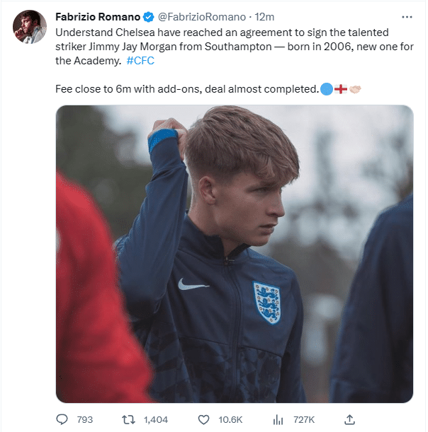 罗马诺：切尔西签下南安普顿17岁前锋摩根