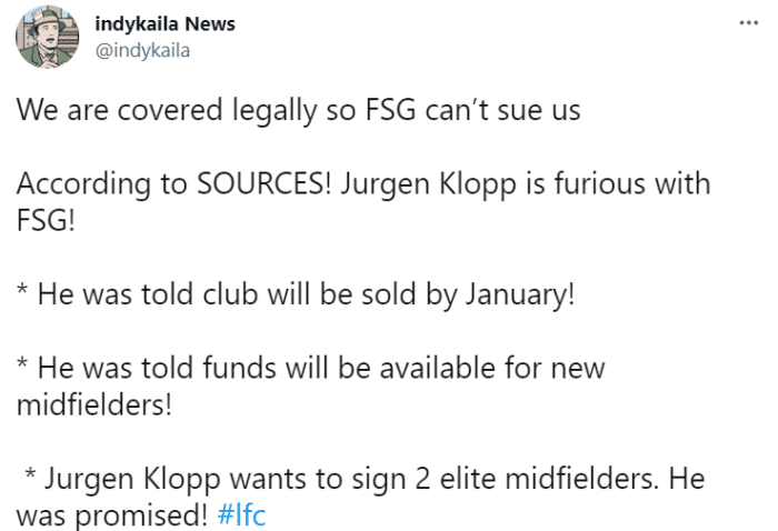 记者：利物浦主帅克洛普对芬威集团感到愤怒和不满