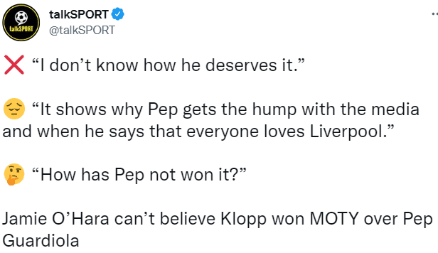 热刺旧将：克洛普不配赛季最佳主帅，应该给瓜帅