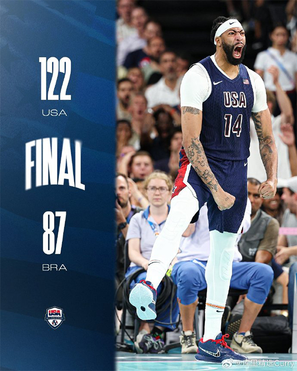 美国男篮122-87击退巴西晋级四强 詹姆斯12+9 恩比德14+7