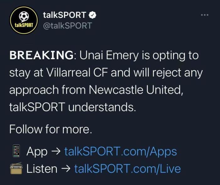 英媒：埃梅里决定拒绝纽卡，留在比利亚雷亚尔