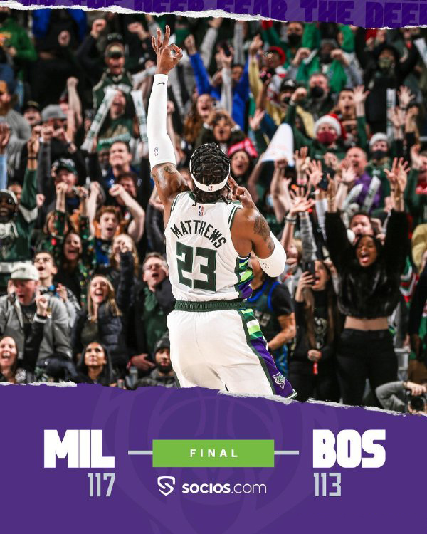 雄鹿117-113力克凯尔特人 字母哥36+12+5 塔图姆25+9