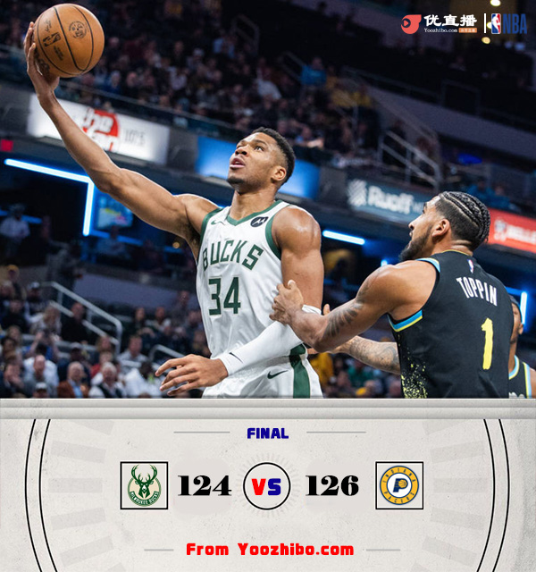 雄鹿124-126不敌步行者 字母哥25中19空砍54+12 哈利伯顿29+10