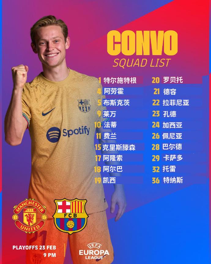 巴萨欧联战曼联名单：佩德里、登贝莱伤停