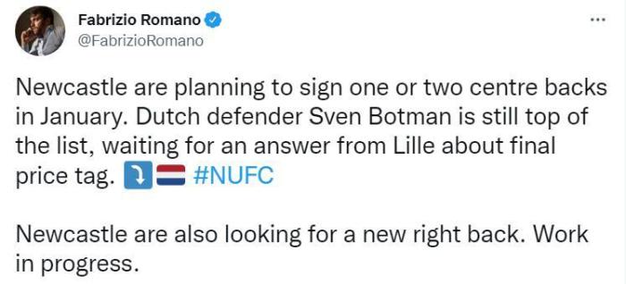 罗马诺：纽卡冬窗补强后防线，首选依然是博特曼