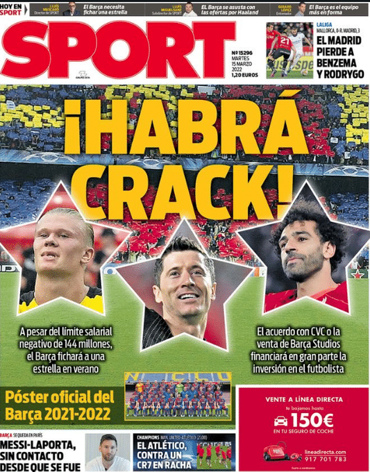 每体：巴萨今夏会买巨星，莱万、哈兰德或萨拉赫