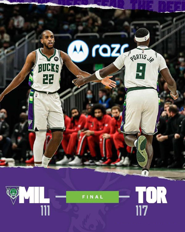 猛龙117-111力克雄鹿 西卡33+6 米德尔顿25+6 字母哥缺阵