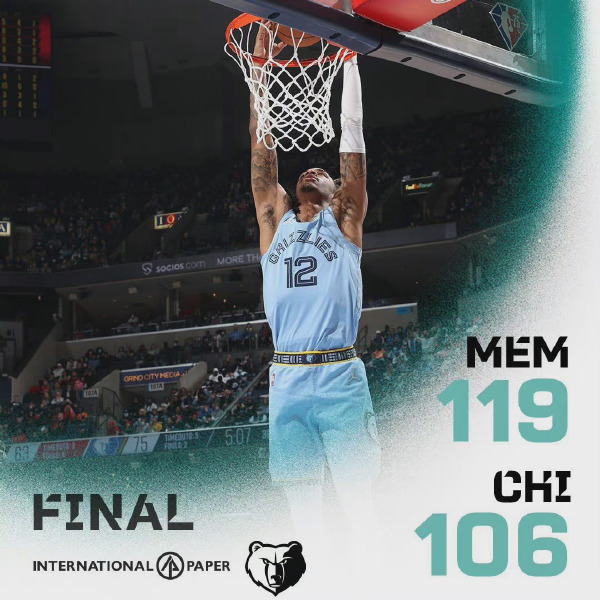 灰熊119-106力克公牛 莫兰特&贝恩25分 德罗赞24+5