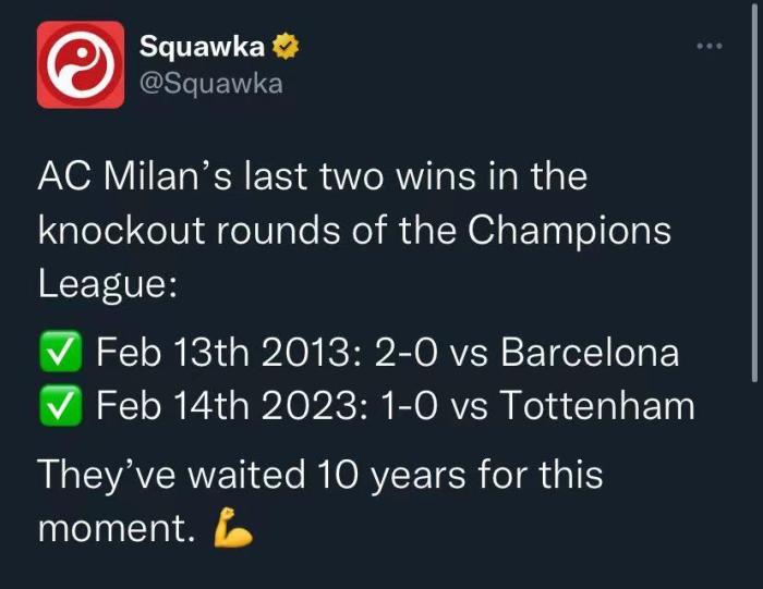 10年的等待！米兰再度在欧冠淘汰赛赢球
