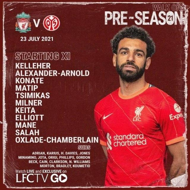 热身赛-利物浦vs美因茨首发：萨拉赫领衔