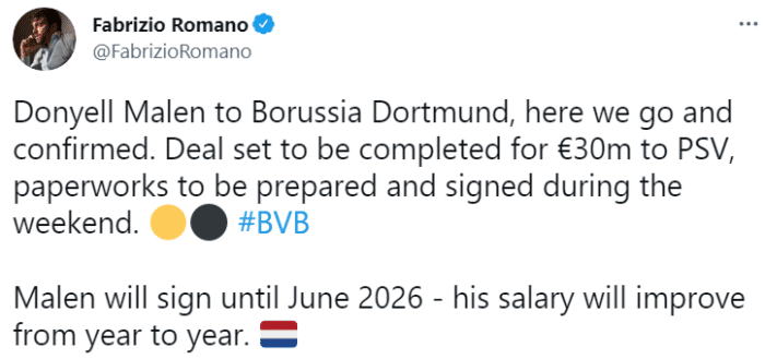 罗马诺：多特将在本周末与荷兰国脚马伦签约