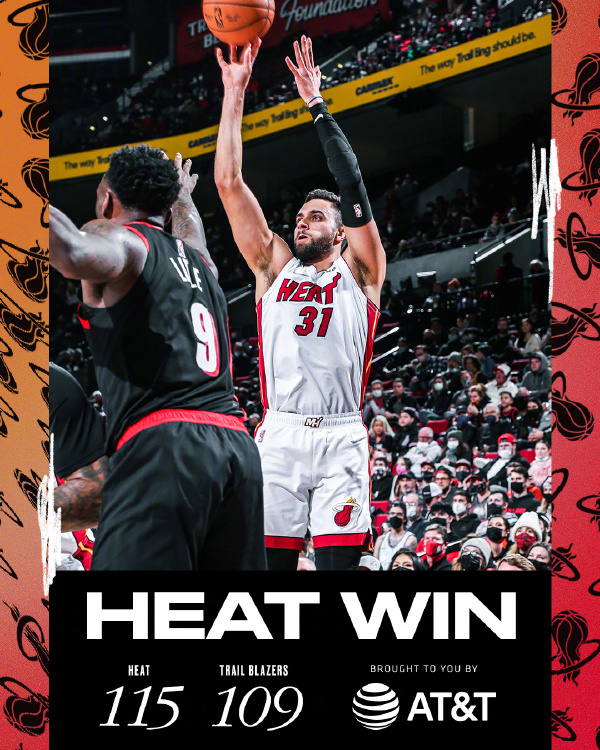 热火115-109击退开拓者 斯特鲁斯25+6+5 西蒙斯28+7 鲍威尔26分