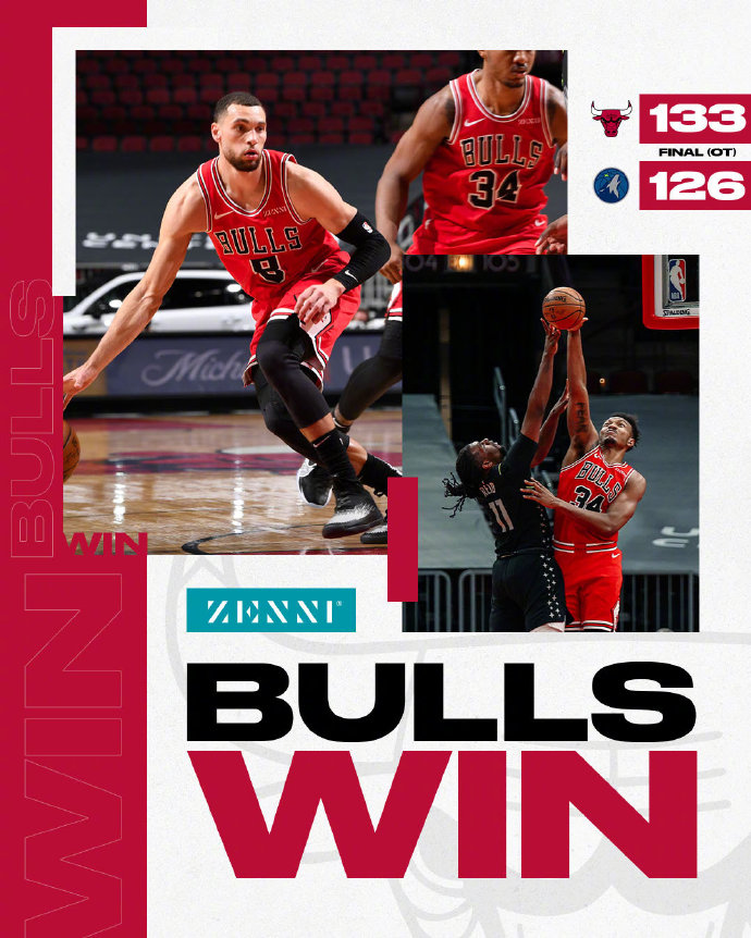 公牛133-126险胜森林狼 拉文35分 怀特20+8+6 唐斯24+8+5