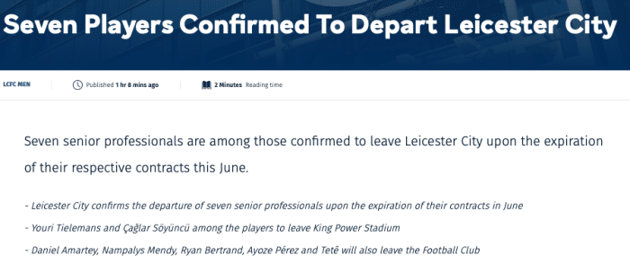 降级后沦为球员超市？莱斯特城官宣7王牌离队！比利时国脚引哄抢