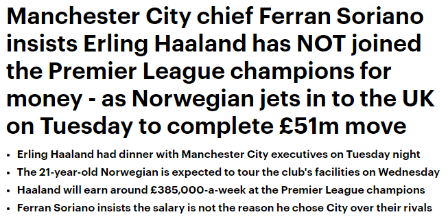 曼城高管：哈兰德来这不为钱，我们给的薪水很合理