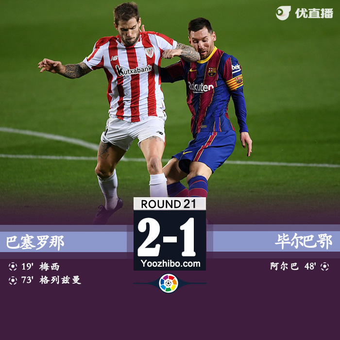 巴塞罗那2-1毕尔巴鄂 梅西任意球破门格子制胜