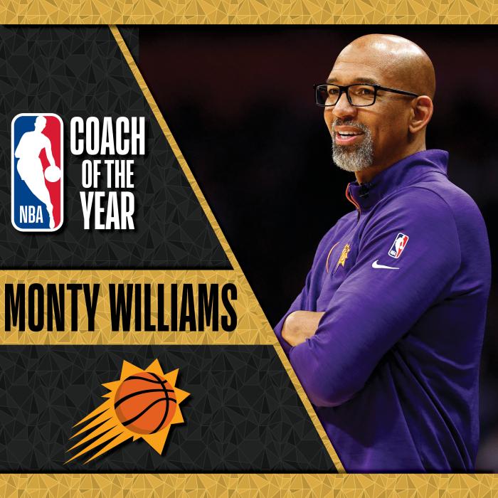 NBA官宣！太阳主帅蒙蒂-威廉姆斯夺最佳主教练创纪录