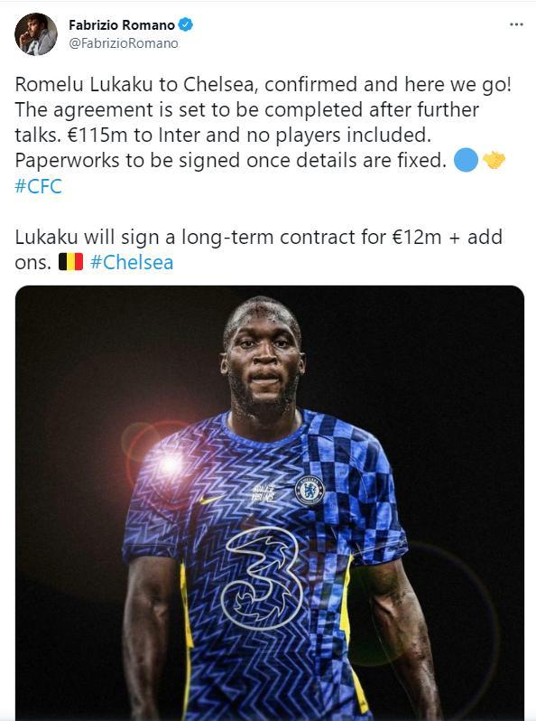 卢卡库确认回归切尔西，转会费1.15亿欧