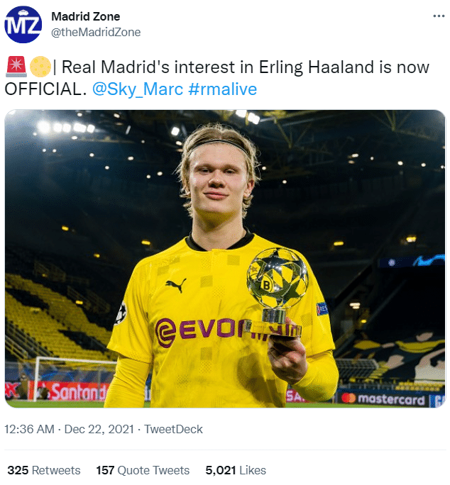 德天空记者：皇马已正式向哈兰德表达了兴趣