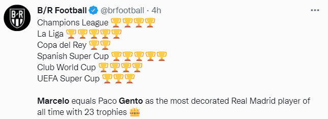 已是传奇！马塞洛在皇马已获23冠，并列队史第一