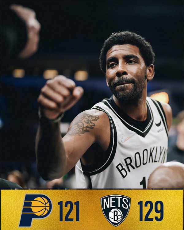 篮网129-121逆转步行者 欧文复出22分 杜兰特39+8+7 小萨32+12+10