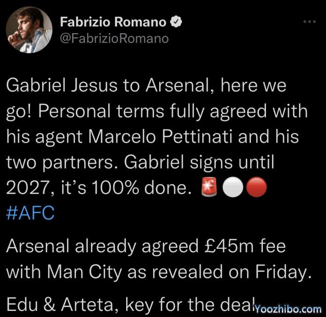 今夏第3援！阿森纳签曼城9号达协议，转会费4500万镑+周薪22万