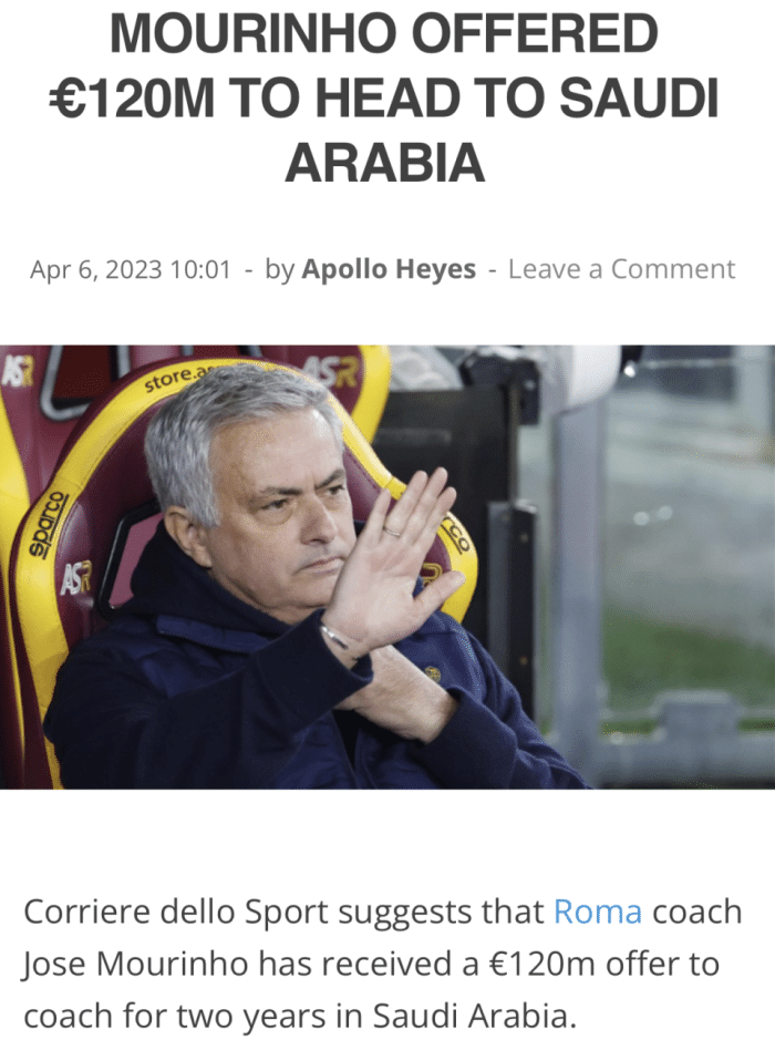 年薪翻8倍！曝沙特开2年1.2亿欧合同邀穆帅执教