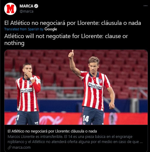 马卡: 略伦特是非卖品, 除非有球队愿付1.2亿欧