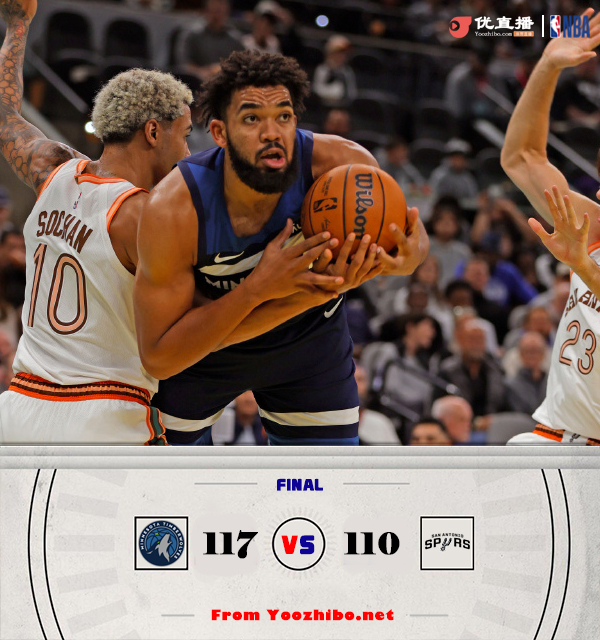 森林狼117-110战胜马刺 唐斯29+12 华子28+7+5 文班亚马29+9