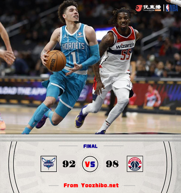 奇才98-92击败黄蜂 库兹马19分 普尔12中2 罗齐尔13+6+7