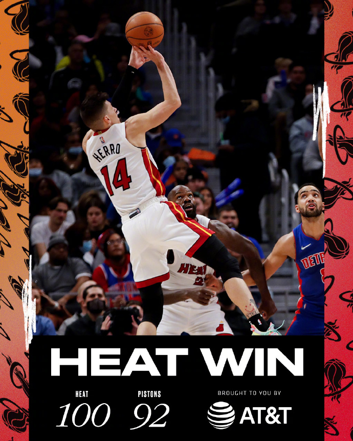 热火100-92力克活塞 希罗31+8 巴特勒15+9 格兰特21+7