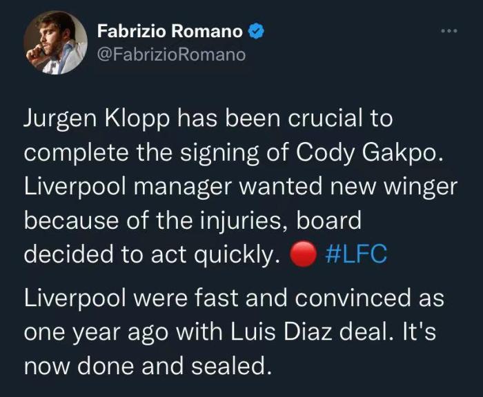 罗马诺：克洛普对加克波的签约至关重要