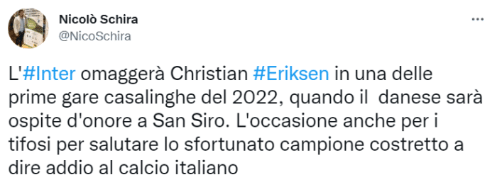 斯基拉：国米将在明年首个主场比赛向埃里克森致敬