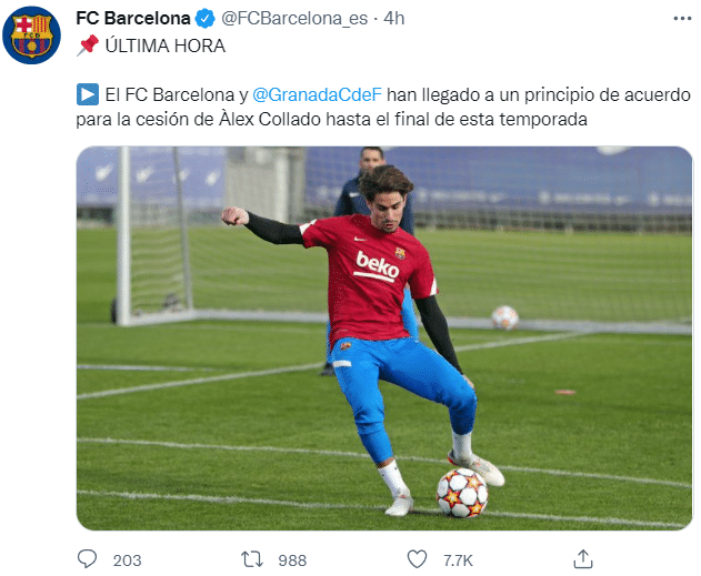 官方：巴萨B队队长租借加盟格拉纳达，至明年6月